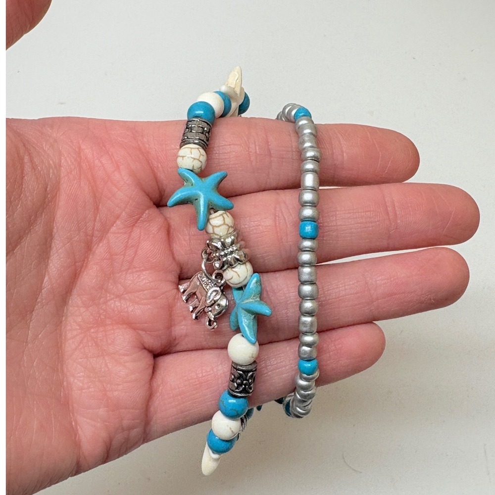 Turquoise Silver Beaded Starfish Elephant Charm Double Strand Bracelet